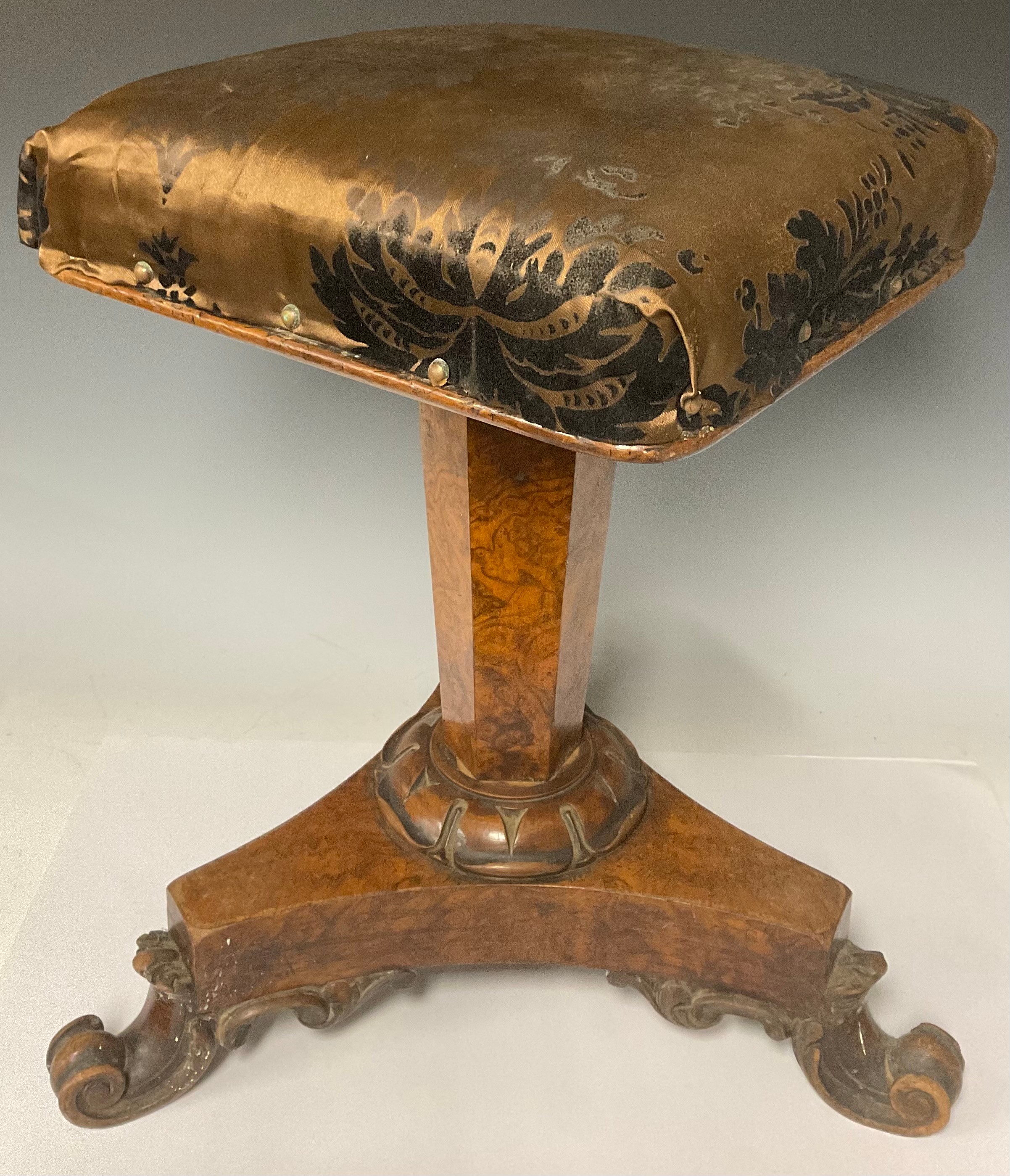 A William IV burr walnut piano stool, stuffed upholstered, tripod feet, 48cm high - Image 2 of 2