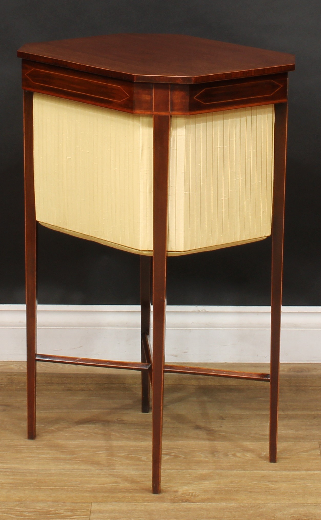 A George III mahogany work table, hinged canted rectangular top, pleated undertier, tapered legs, - Image 5 of 6