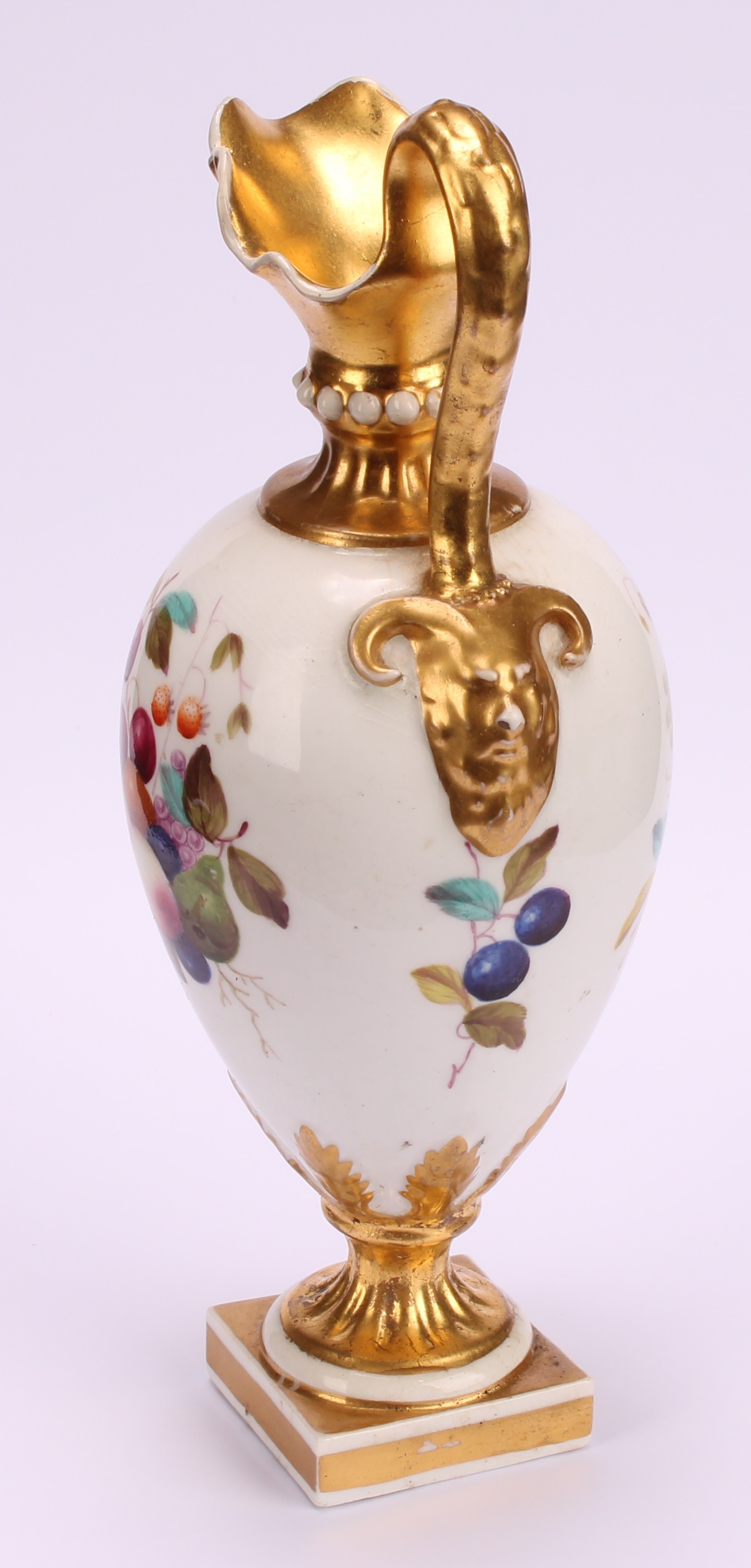 A Bloor Derby pedestal ewer, painted by Thomas Steele, with ripening fruit, gilt neck, handle and - Image 5 of 6