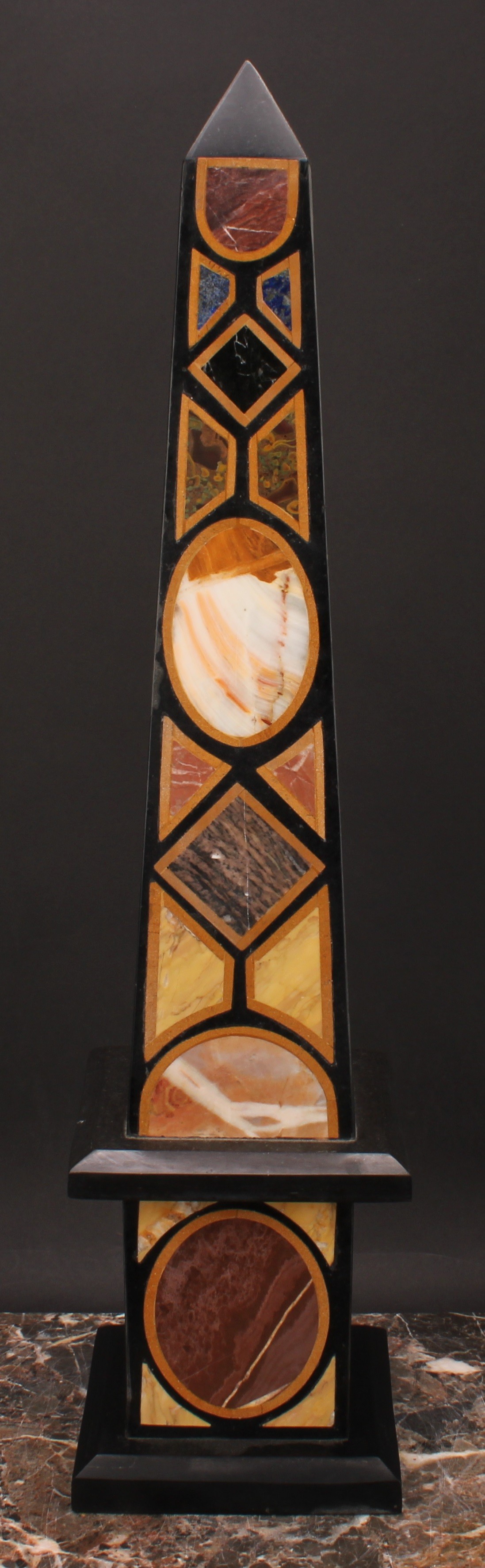 A large pietra dura library obelisk, inlaid with lapis lazuli and other specimen stones, square - Image 5 of 5