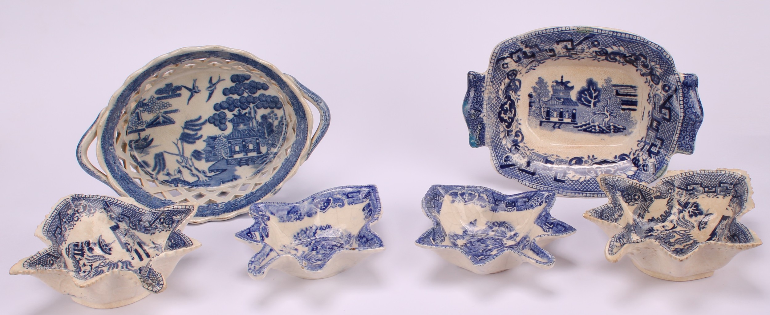 A pair of 19th century Staffordshire Willow pattern blue and white pickle dishes, 14.5cm; another - Image 2 of 10
