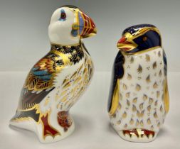 A Royal Crown Derby paperweight, Rockhopper Penguin, gold stopper, 11cm; another, Puffin, gold