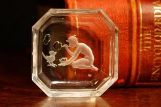 An Art Deco Czechoslovakian clear glass pin dish, canted edges, the centre decorated with a nude