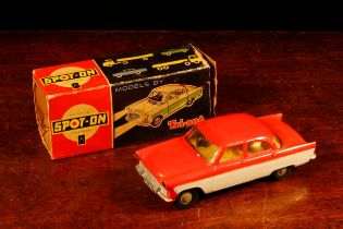 A Tri-ang Spot-On 100sl Ford Zodiac with lights, two tone red and white body, tan interior, boxed
