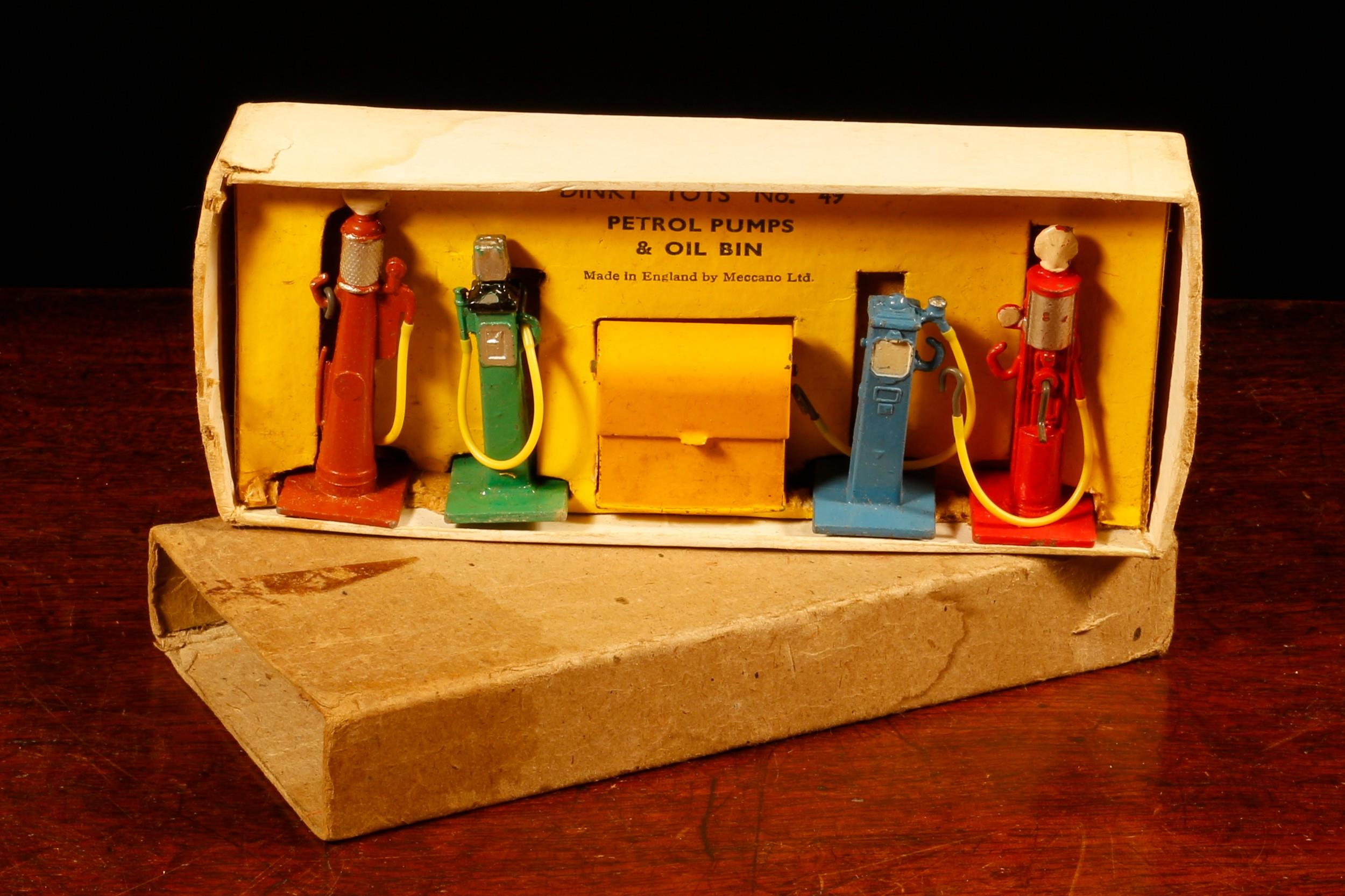 Dinky Toys 49 petrol pump and oil bin set, boxed with original inner cardboard display piece
