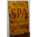 Advertising - a rectangular shaped single sided enamel sign, 'WE SELL SPA DELICIOUS FRUIT DRINKS,