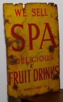 Advertising - a rectangular shaped single sided enamel sign, 'WE SELL SPA DELICIOUS FRUIT DRINKS,