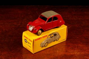 Dinky Toys (France) 535 Citroen 2 CV, maroon body, grey roof, cream ridged hubs, boxed