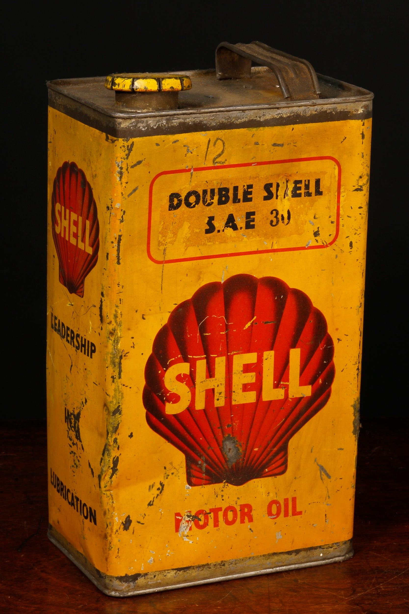 Motoring Interest - a 1930's/1940's rounded rectangular shaped Shell Motor Oil can, 'DOUBLE SHELL,