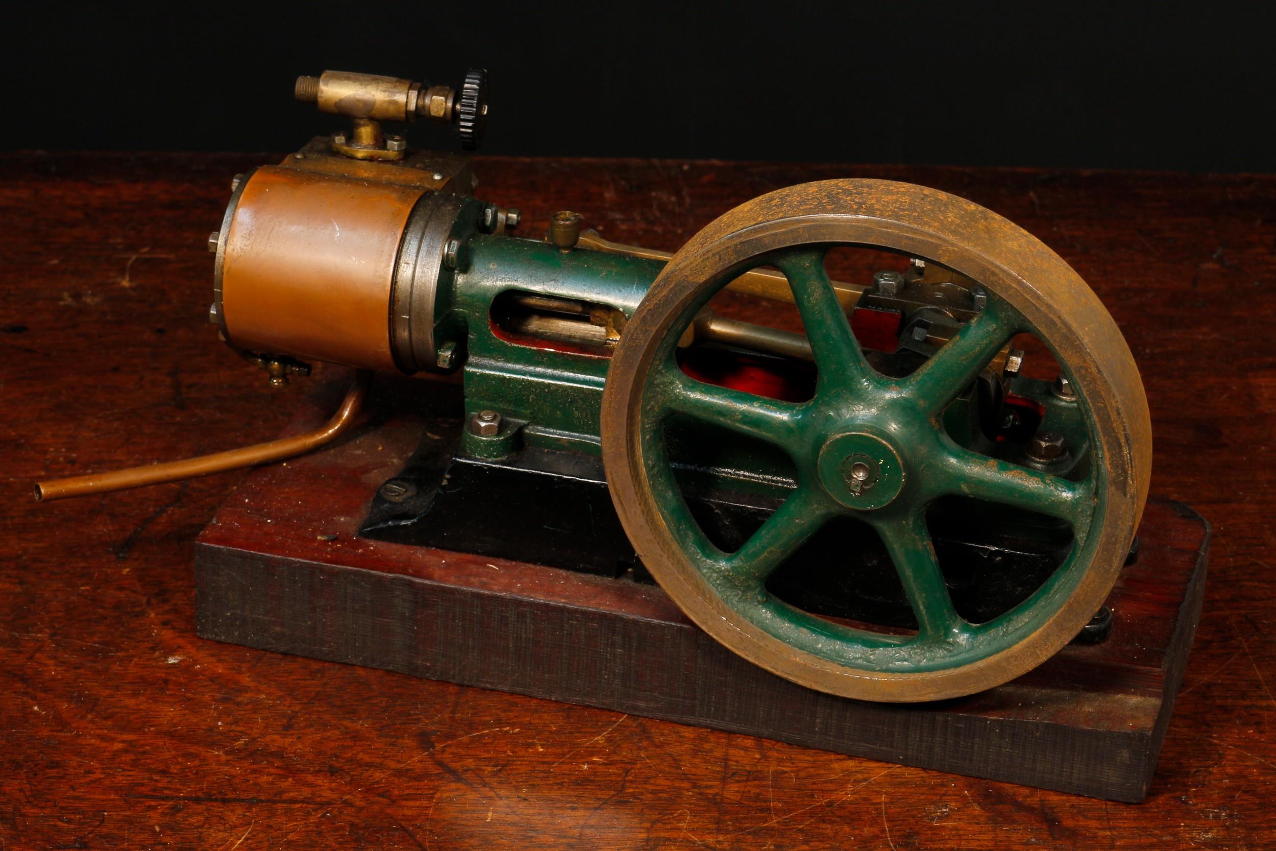Live Steam - a live steam horizontal stationary steam mill engine, painted in green and red, the