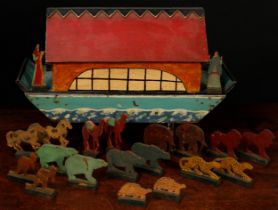 Folk Art & Juvenalia - an early 20th century painted wooden Noah's Ark, the hinged cover housing a