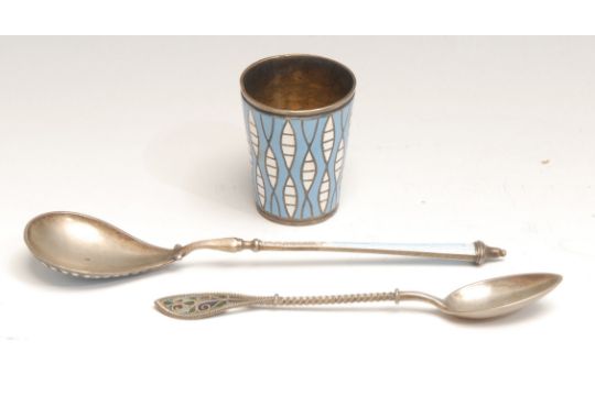 A late 19th century Russian silver and enamel spoon; a similar miniature beaker, in white and - Image 1 of 9