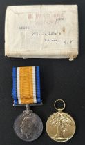 WW1 British War Medal and Victory Medal to 65993 Pte J Lee, Machine Gun Corps. Complete with