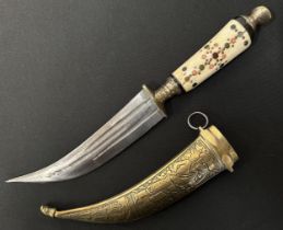 Indo-Persian Dagger with curved fullered blade 152mm in length. Brass guard with remains of plated