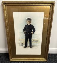 Large Watercolour of a Boy Sailor in Merchant Navy Officers Uniform signed in pencil "Fred Ash,