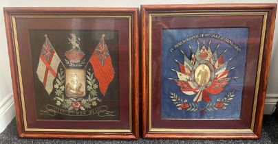 British Royal Navy HMS King Alfred Chinese Silk Sweetheart Embroideries, both in frames with a photo