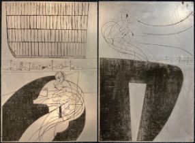 Anthony Currell, British b.1942, two dry point etched metal printing plates, ‘Abstract figures,