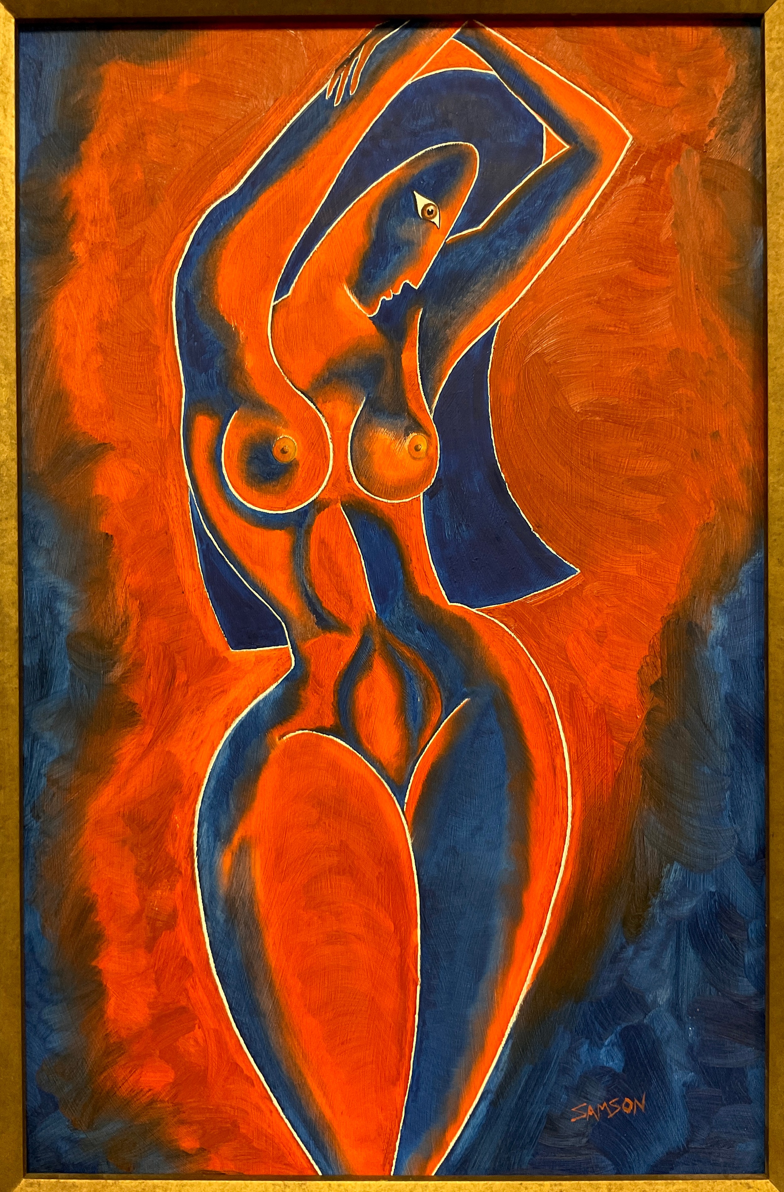 Samson (Modern British school), ‘Nude in Red and Blue’, signed, oil on board, 48cm x 31.5cm. - Image 2 of 2