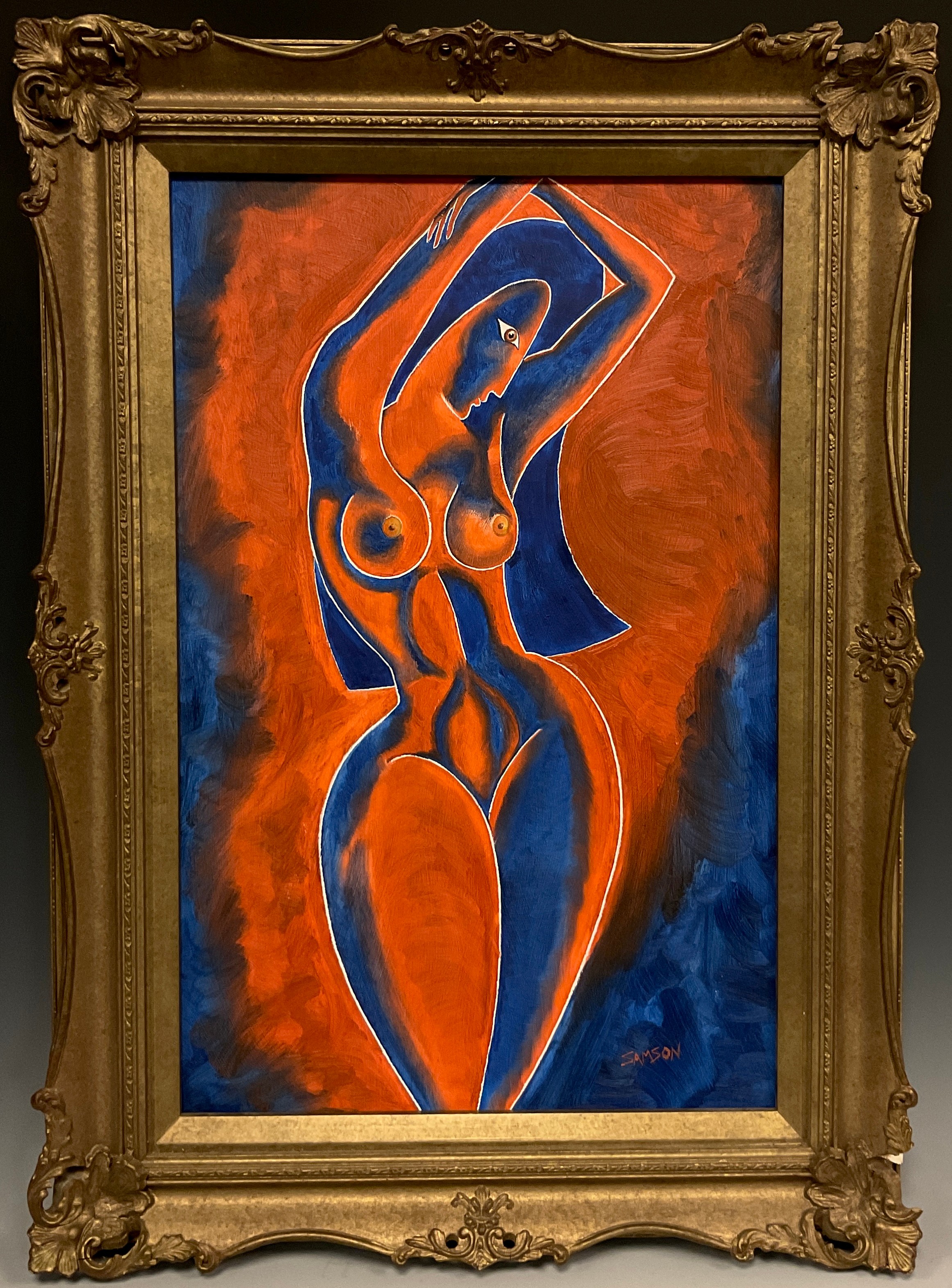 Samson (Modern British school), ‘Nude in Red and Blue’, signed, oil on board, 48cm x 31.5cm.