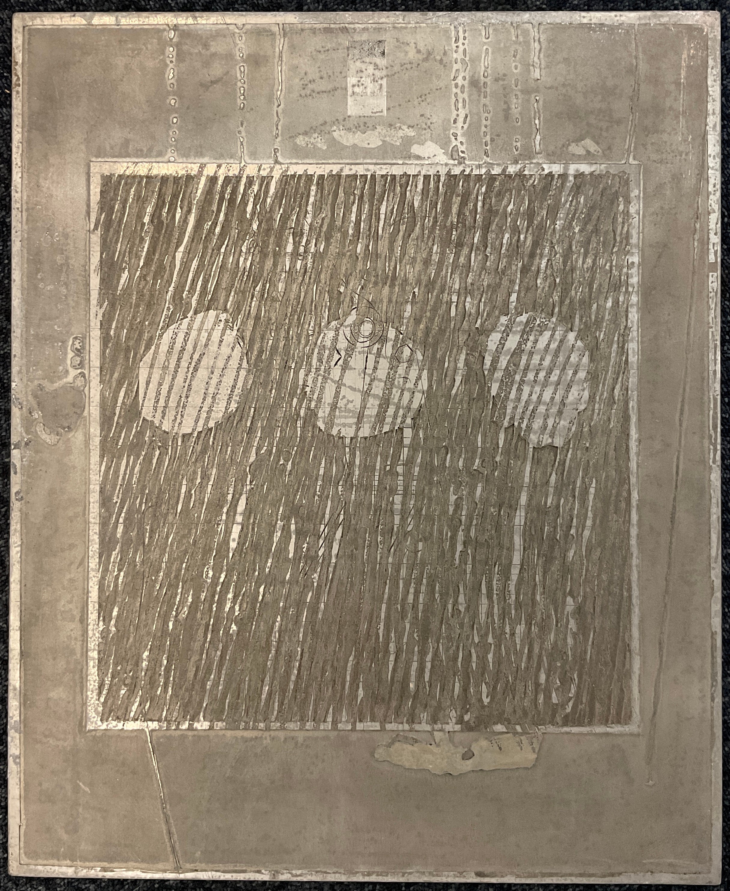 School of Anthony Currell, a metal printing plate, Abstract Composition, 56cm x 46cm.