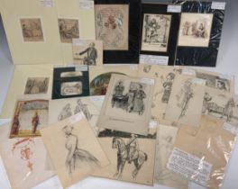 A folio of mostly 19th century figurative studies, pencil, ink sketches, some with watercolour
