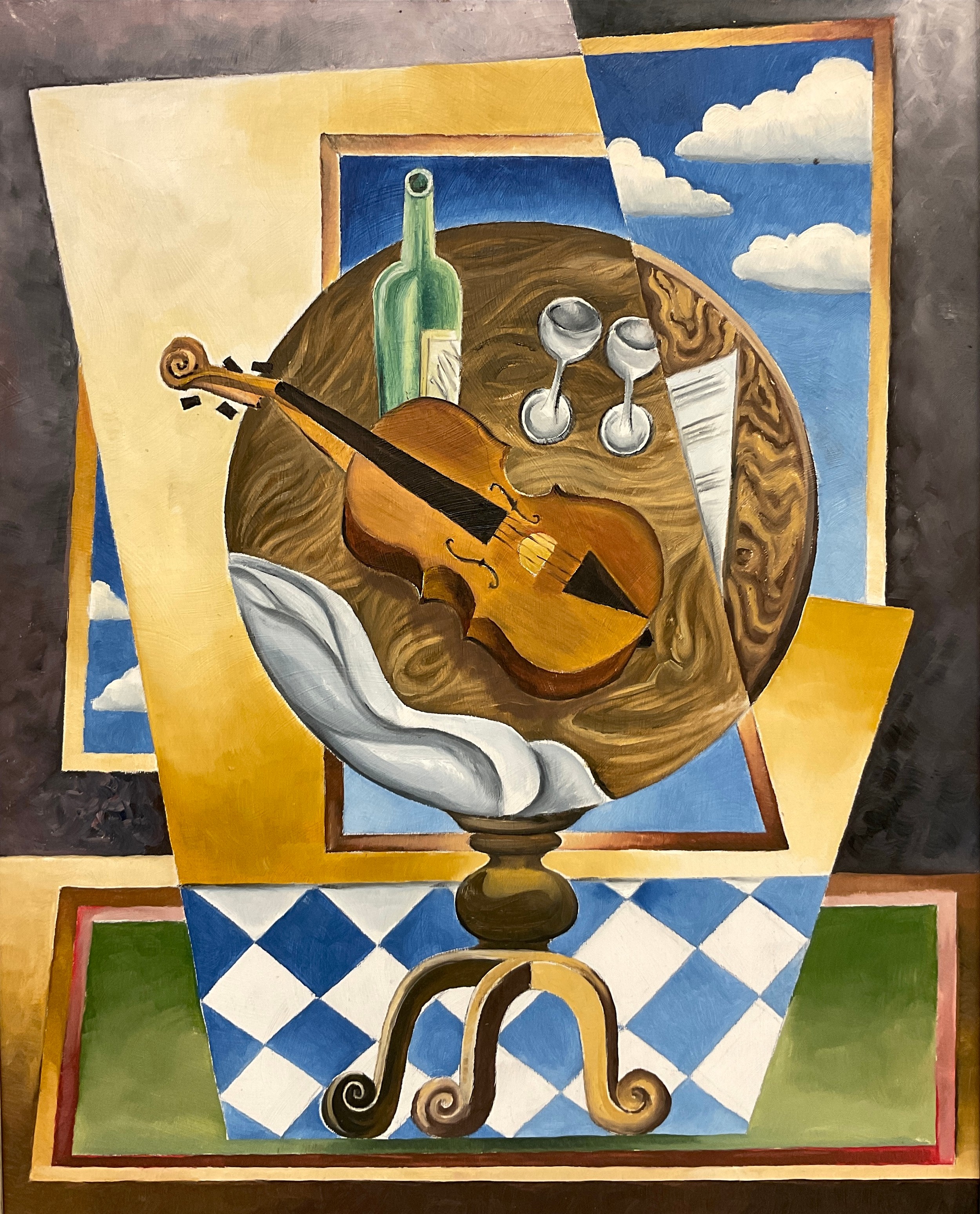 Cubist School, ‘Still life with Violin and a bottle’, oil on board, 37cm x 30cm. - Image 2 of 2