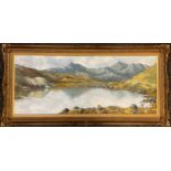 Charles Wyatt Warren (1908-1993), Welsh mountain tarn, signed, oil on board, 37cm x 90.5cm.