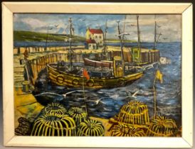 Fred Yates, Quayside Boats, Cornwall, signed, dated 1971, oil on board, 44cm x 59.5cm.