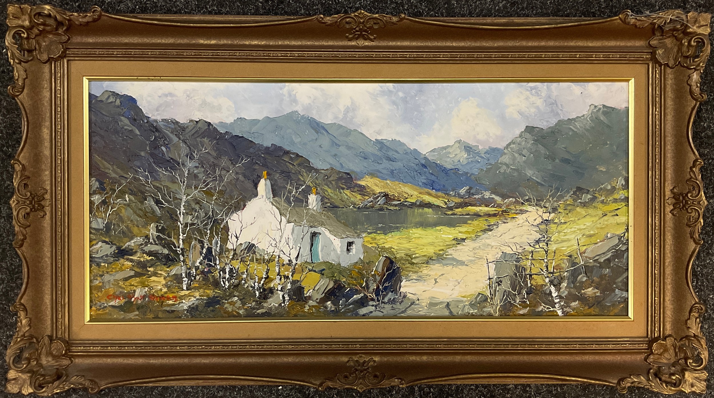 Charles Wyatt Warren (1908-1993), Welsh cottage, signed, oil on board, 25cm x 55cm.