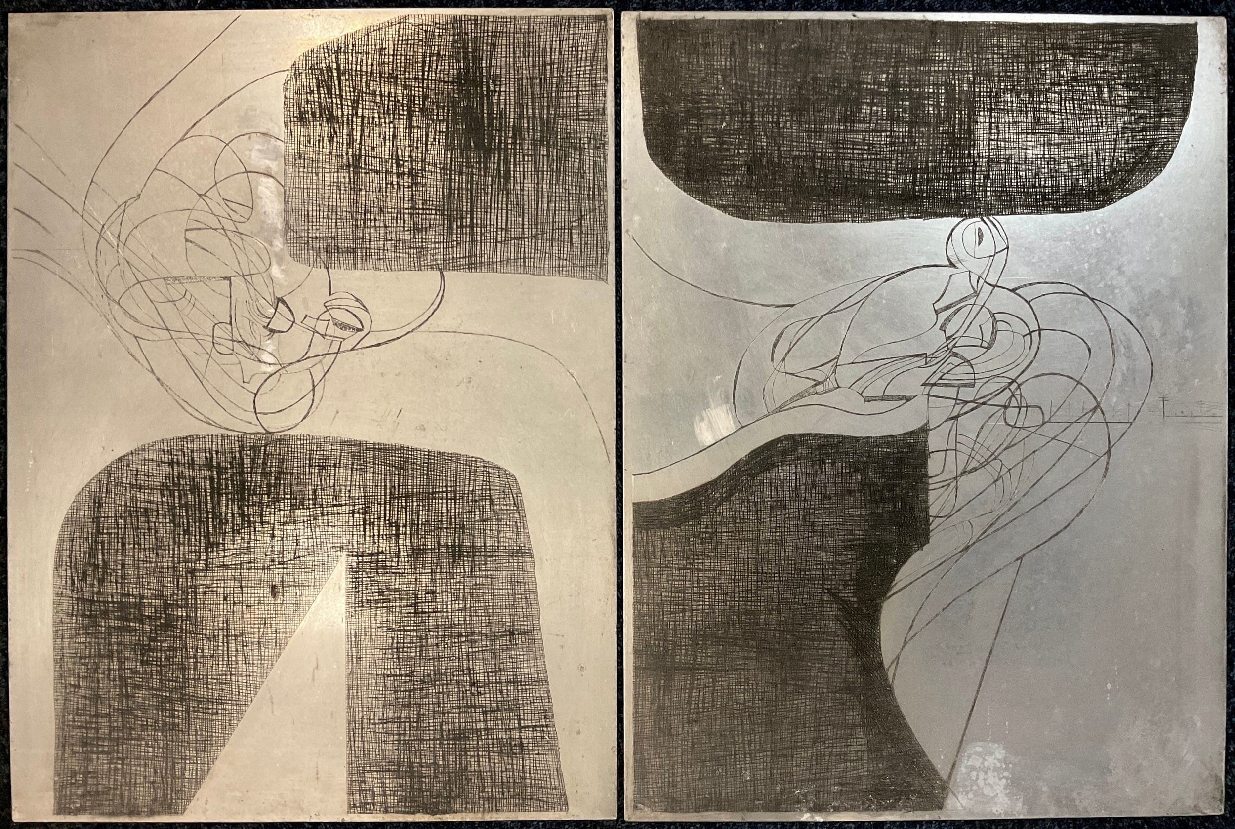 Anthony Currell, British b.1942, two dry point etched metal printing plates, ‘Abstract figures,