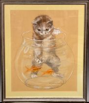 Pollyanna Pickering (1942 - 2018) Kitten At The Goldfish Bowl signed, gouache, 49cm x 39cm