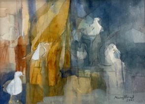 Mary Hoad (British, 1908-1968), ‘Kittiwakes, a cubist style study’, signed, dated 1967, watercolour,