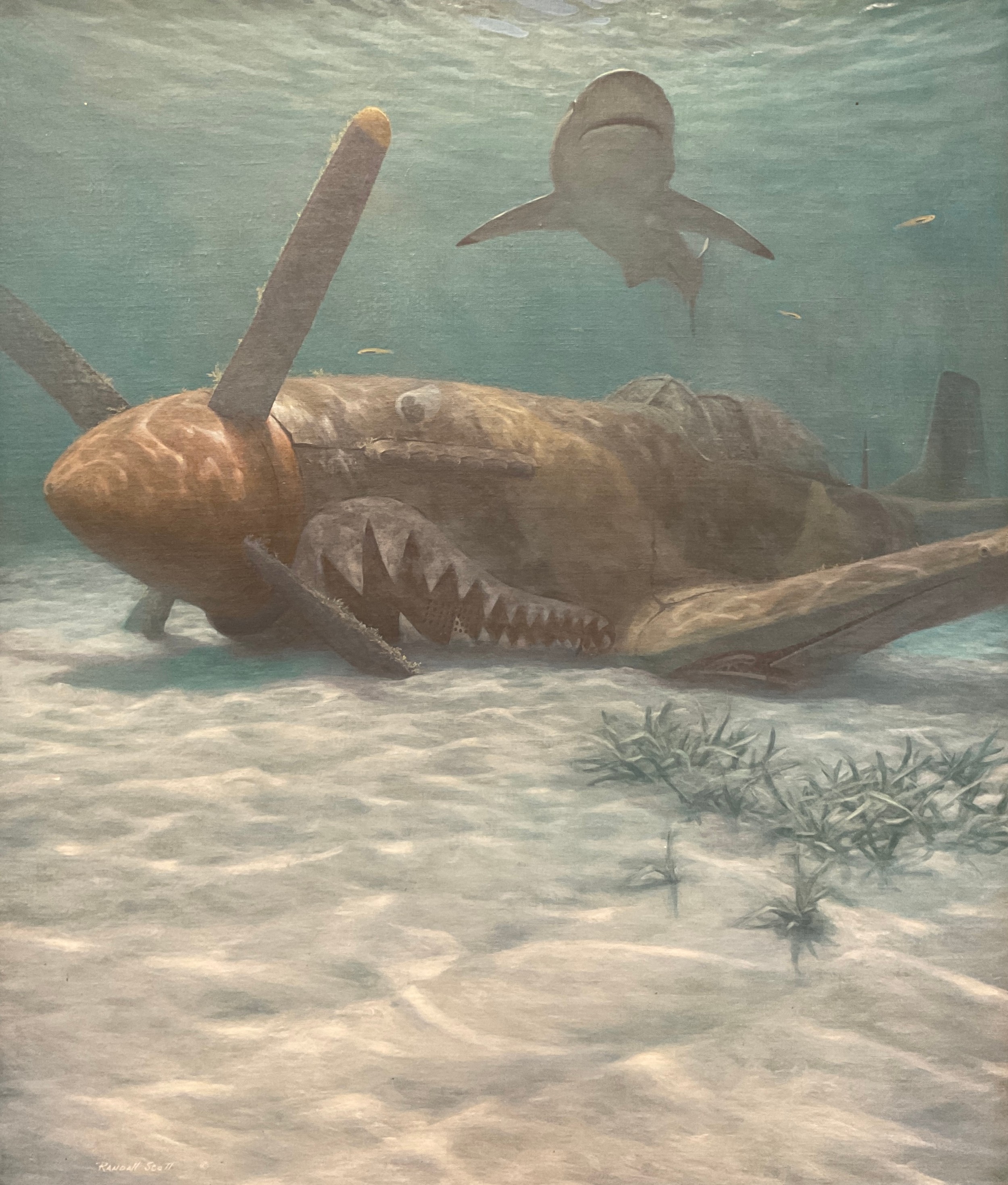 Randall Scott (American, 20th century), ‘The Sand Sharks’ or ‘Predators’, signed, oil on board, 79. - Image 2 of 5