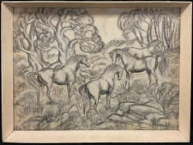 Monica English (‘The Witch of Norfolk’) 1920-1970, Wild Horses, graphite and chalk, 47cm x 63cm.