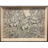 Monica English (‘The Witch of Norfolk’) 1920-1970, Wild Horses, graphite and chalk, 47cm x 63cm.