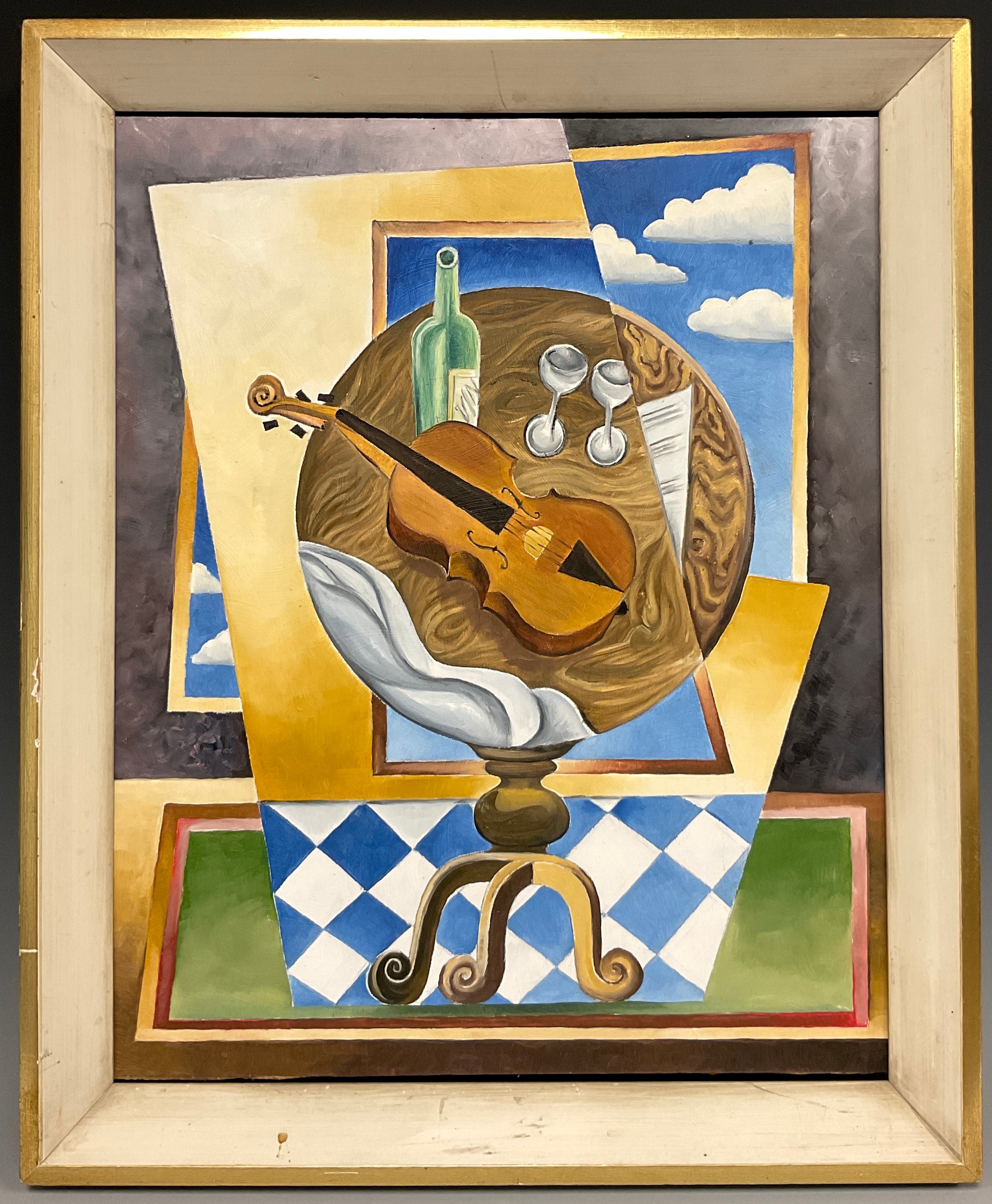 Cubist School, ‘Still life with Violin and a bottle’, oil on board, 37cm x 30cm.