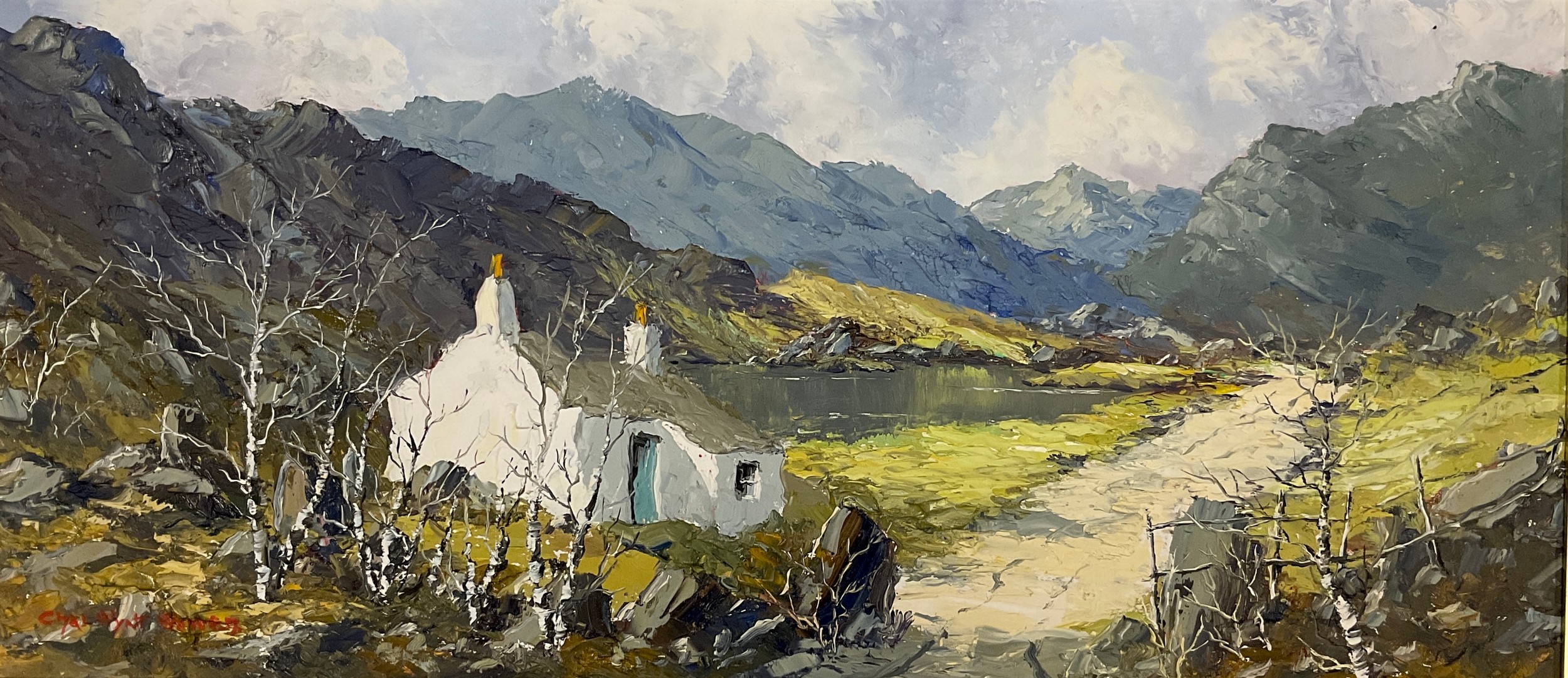 Charles Wyatt Warren (1908-1993), Welsh cottage, signed, oil on board, 25cm x 55cm. - Image 2 of 4