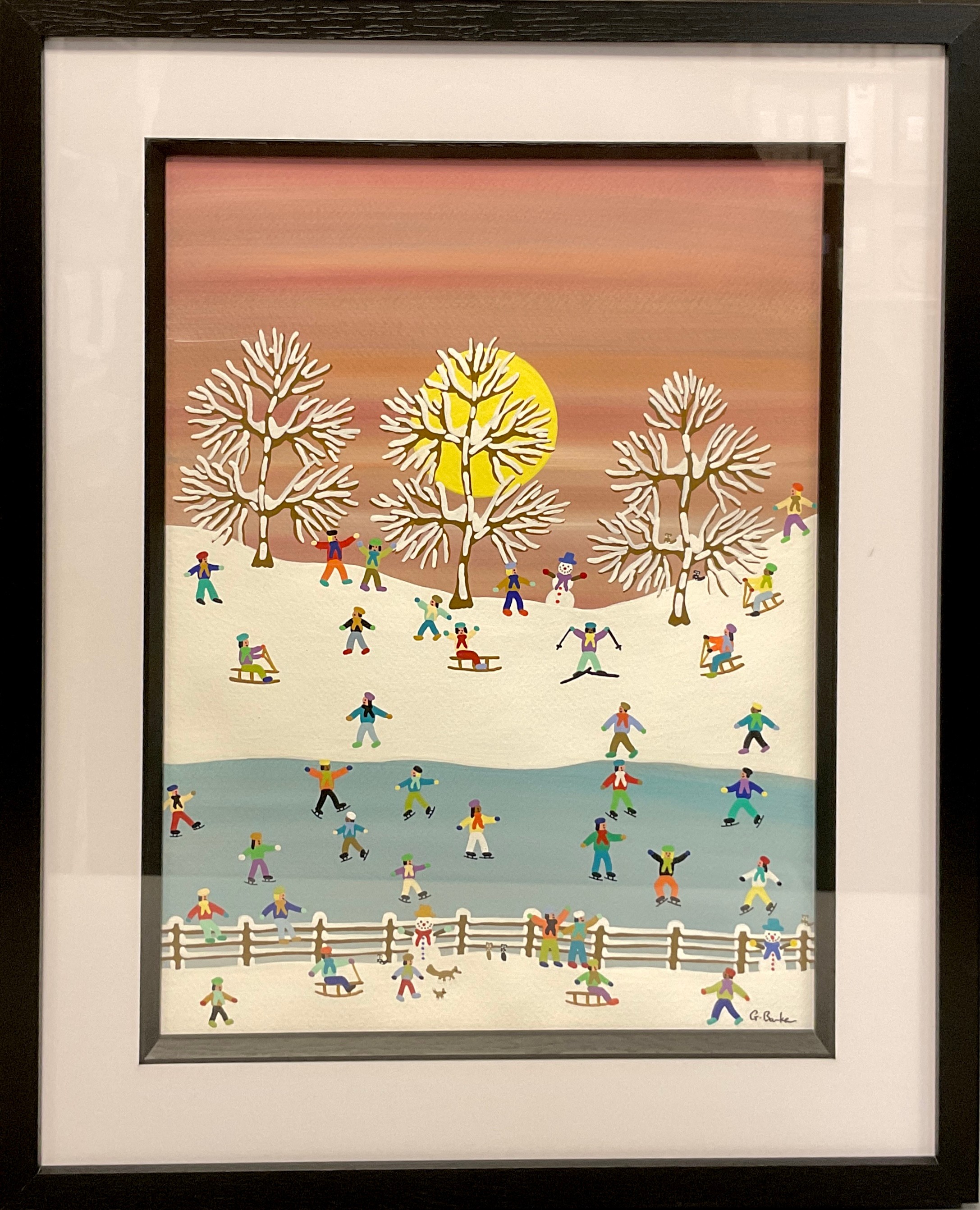 Gordon Barker (English Naïve school), 'Snow-time fun, til' the setting of the sun', signed,