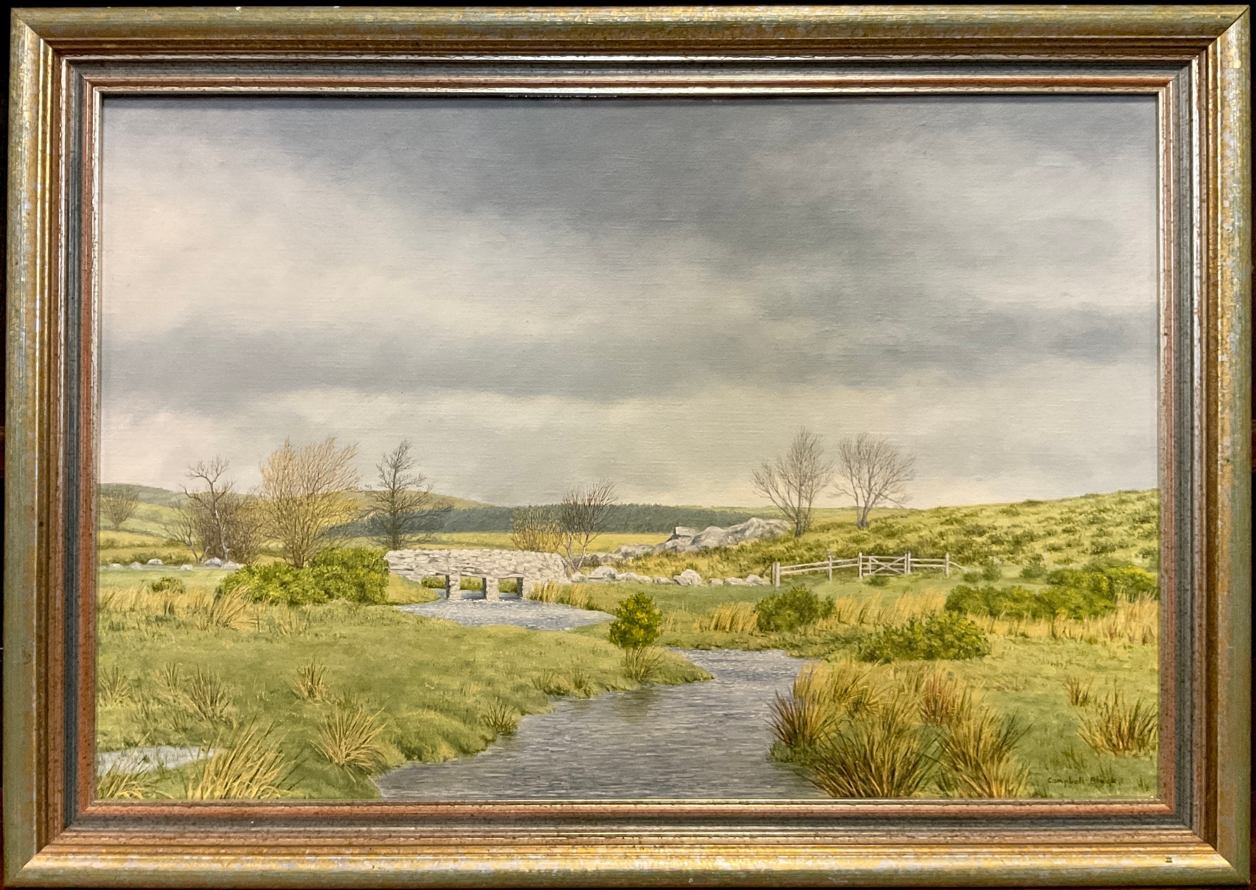Geoffrey Campbell-Black, The Clapper Bridge, the East Dart, signed, oil on canvas, 40.5cm x 61cm.