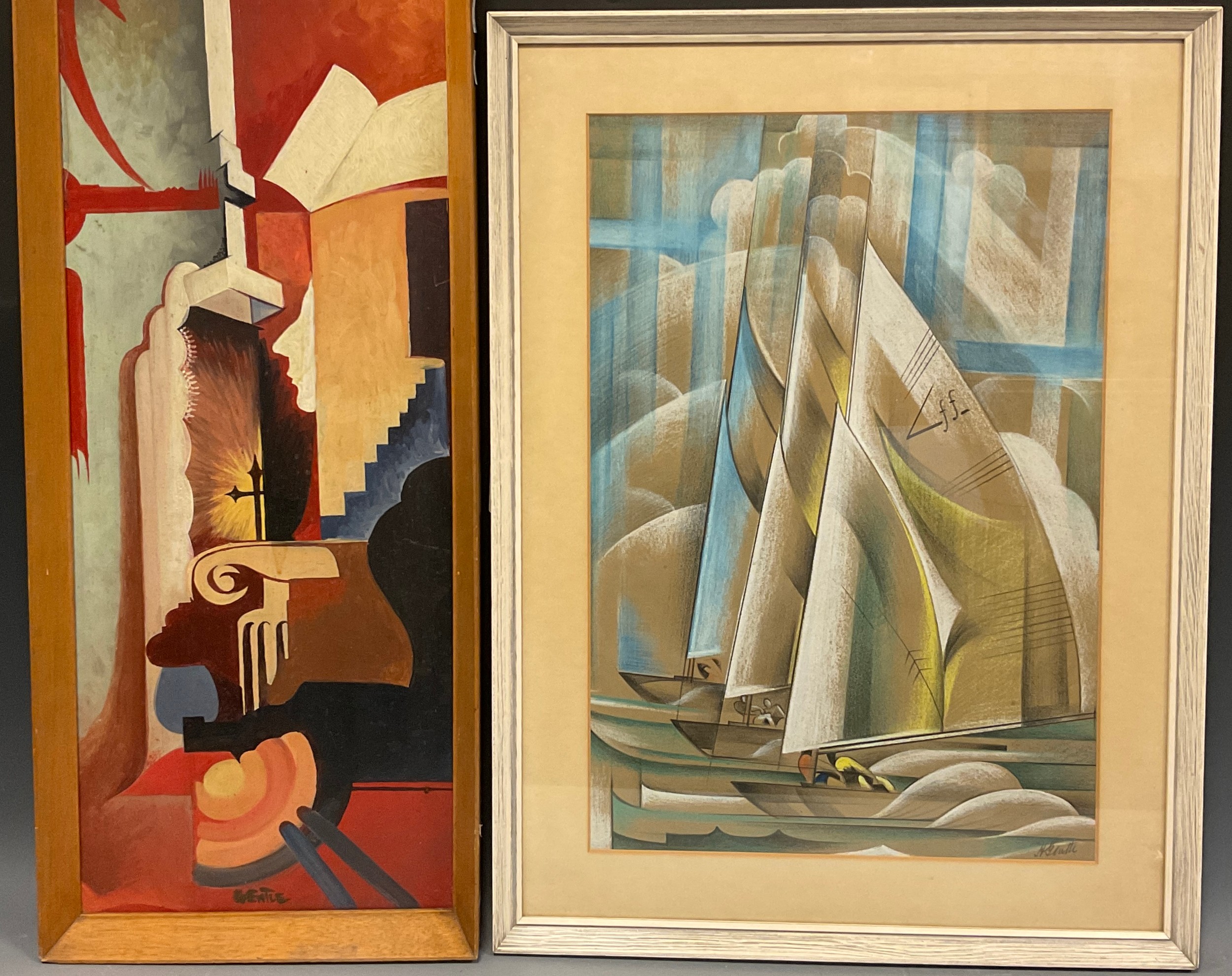 H. Gentle (British, 20th century), Three Yachts, A Futurist style study, signed, pastel on paper,