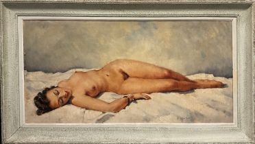 Continental School (mid 20th century) Reclining Nude indistinctly signed, oil on board, 48cm x 99cm