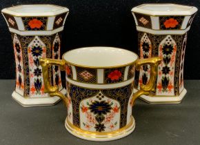Royal Crown Derby - a pair of 1128 Imari waisted hexagonal vases, 11.5cm high, similar twin