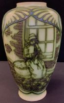 An Art Nouveau Dutch Distel (Pre Gouda) pottery vase, incised with Children Sewing and playing