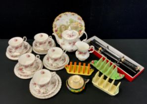 A Royal Albert Lavender Rose tea set, for six, inc teapot, jug, cups & Saucers etc; Art Deco Carlton