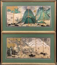 A pair of reproduction Japanese miniature Byōbu, six-section folding screens, with traditional ‘