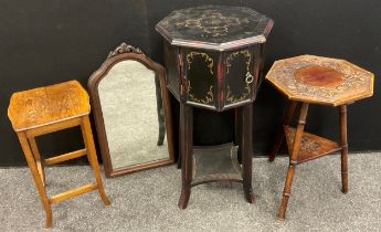 A carved Japanese octagonal bamboo effect side table; lacquered table, mirror etc (4)