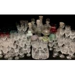 Glassware - a pair of Scottish decanters, others Victorian, set of eight cut wine glasses, brandy