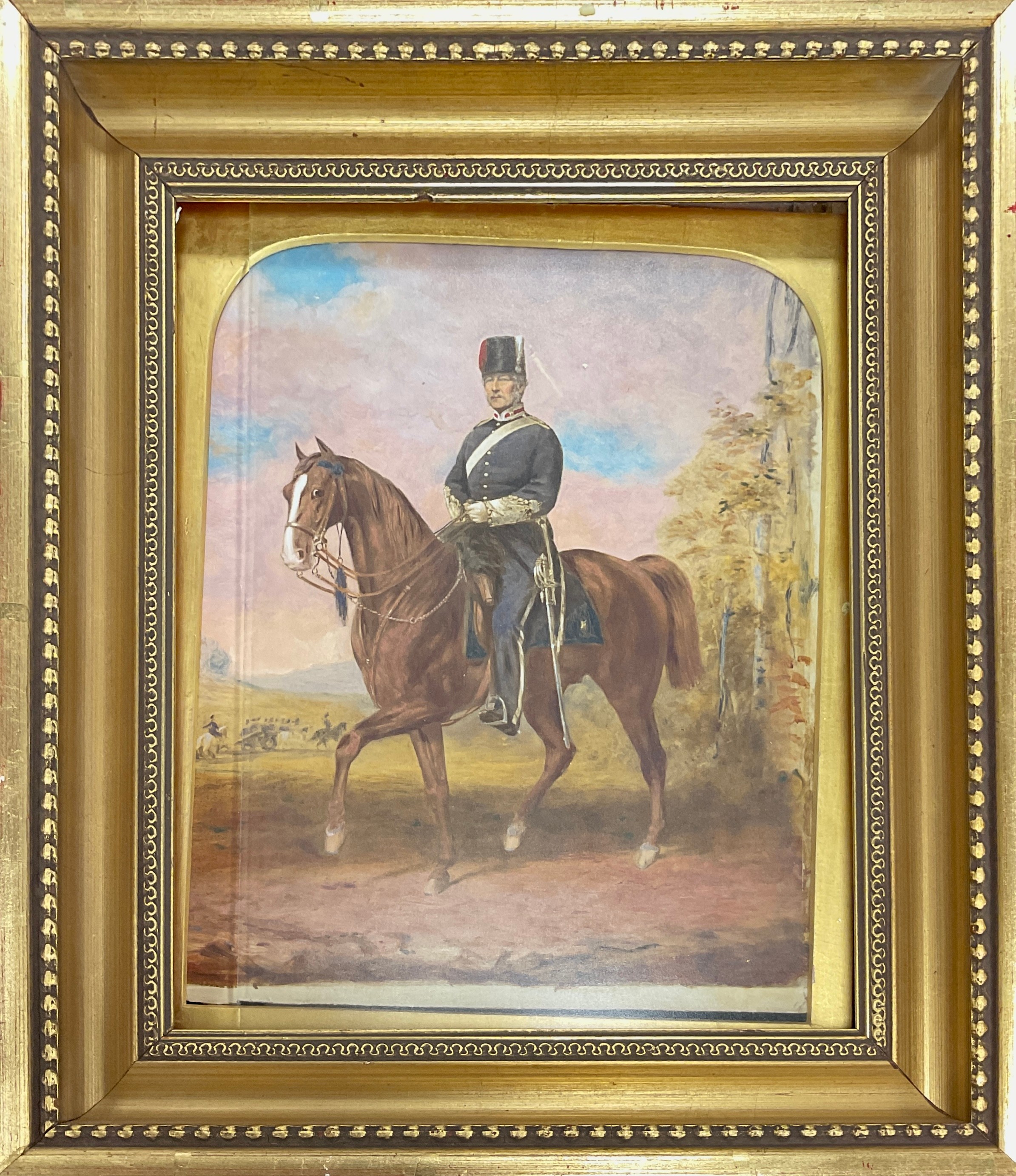 Continental School (19th century) Hussar on Horseback, over painted print, 27cm x 22cm