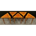 A set of five burr yew and maple-inlaid side tables, triangular tops, tapering square legs, each