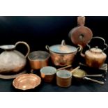 Copper including; large copper ewer, 33cm high, copper pans, twin handled lidded copper pot, kettle;